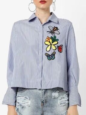 Code x Mode Blue Stripe Shirt Embroidered Bee Floral Butterfly High Low Casual